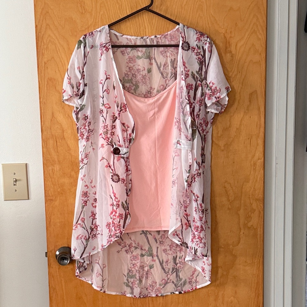 Floral Sheer Kimono with Pink Tank Top